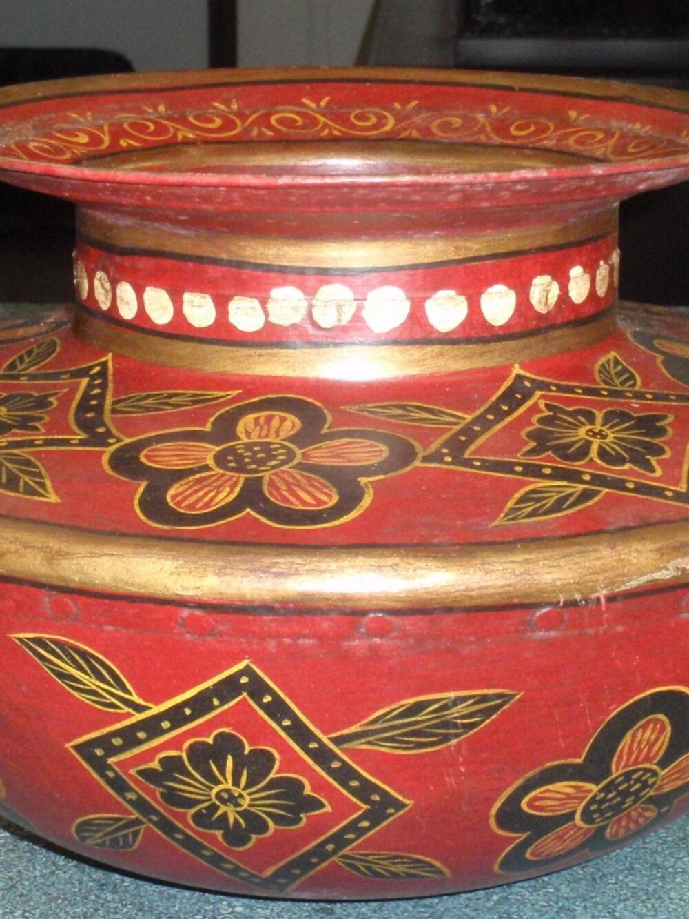 Metal Spittoon Vase Unique Painted Designs Red Tribal Floral Patterns Copper